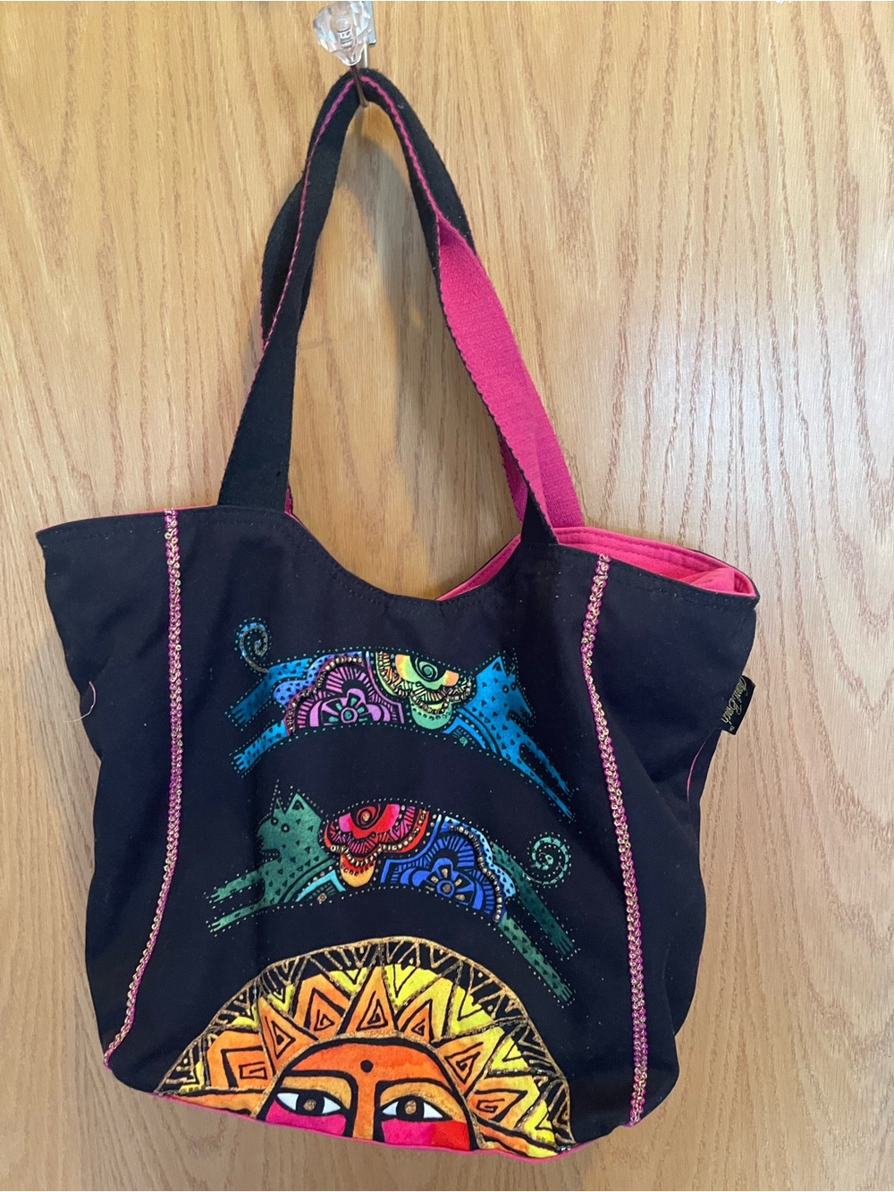 Laurel Burch Black Tote with Multicolor Sun & Fish Motifs and Pink Trim